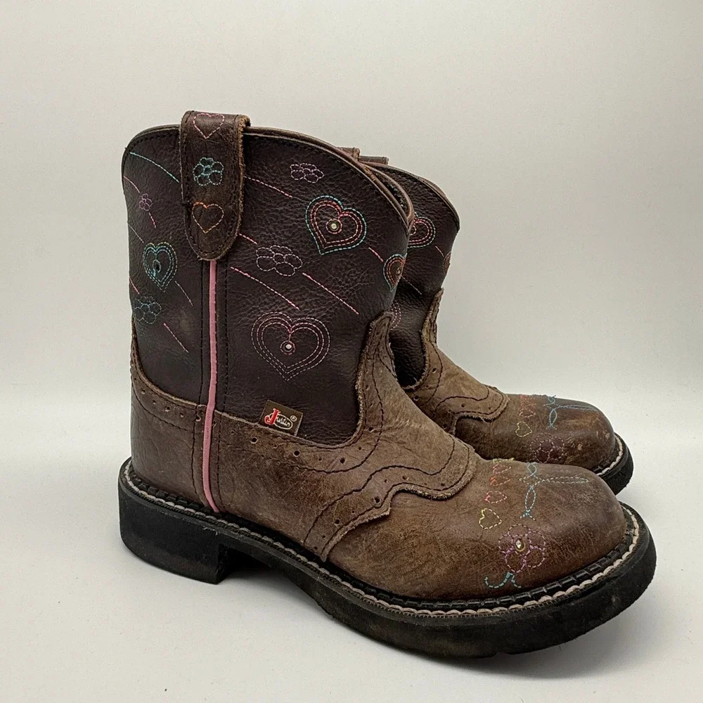 Justin Gypsy Western Light Up Boots Kids 2D Brown Leather Heart Flower Cowboy